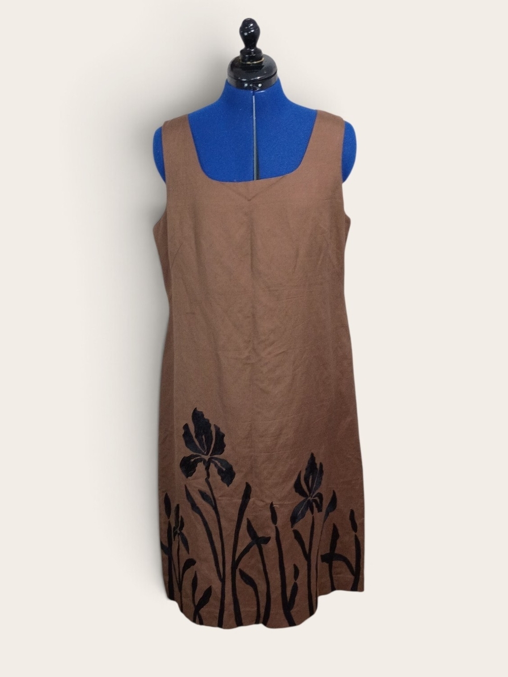 Adrianna Papell Brown Linen Midi Dress with Black Floral Hem